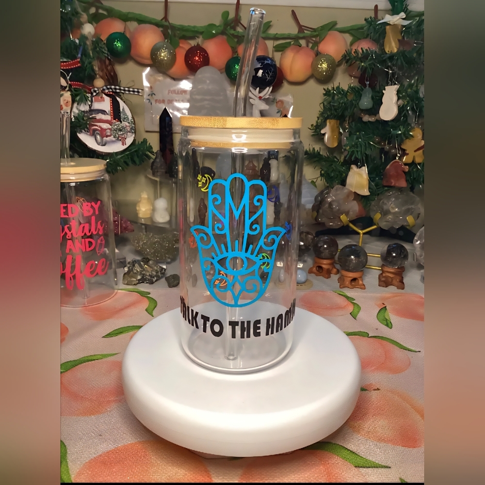 Glass Tumbler with Custom Blue Hamsa Design